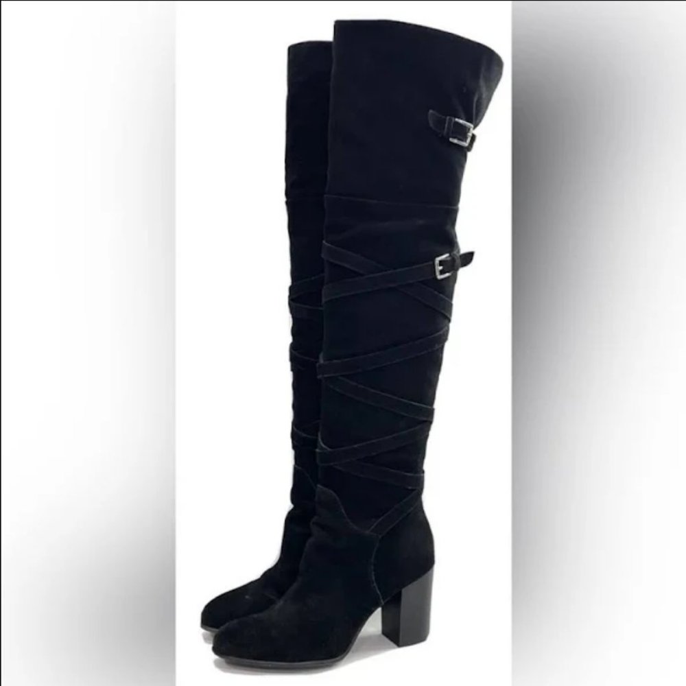 SAM EDELMAN/KAYLA BALCK SUEDE WRAP BUCKLE KNEE HIGH HEELED BOOTS/ SIZE: 10